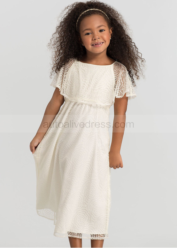 Cape Sleeve Ivory Lace Tea Length Flower Girl Dress